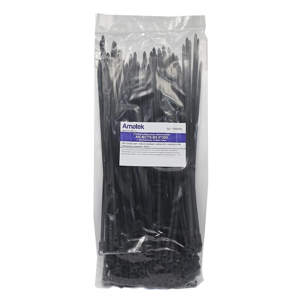 Стяжка, 300x5,0 мм с отверстием, черная, неразъемная (упак 100 шт) AMATEK AK-NCTS-B5.0*300