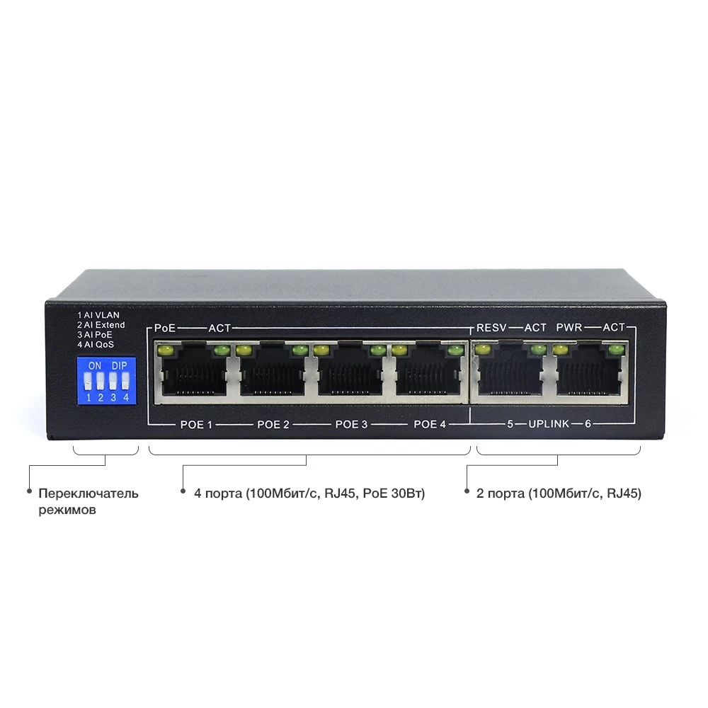 6 портовый неуправляемый коммутатор с PoE AMATEK AN-S6P4M