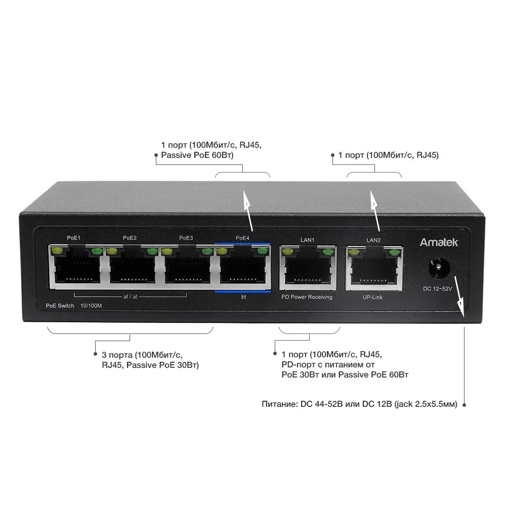 6 портовый неуправляемый коммутатор с PoE AMATEK AN-PE42