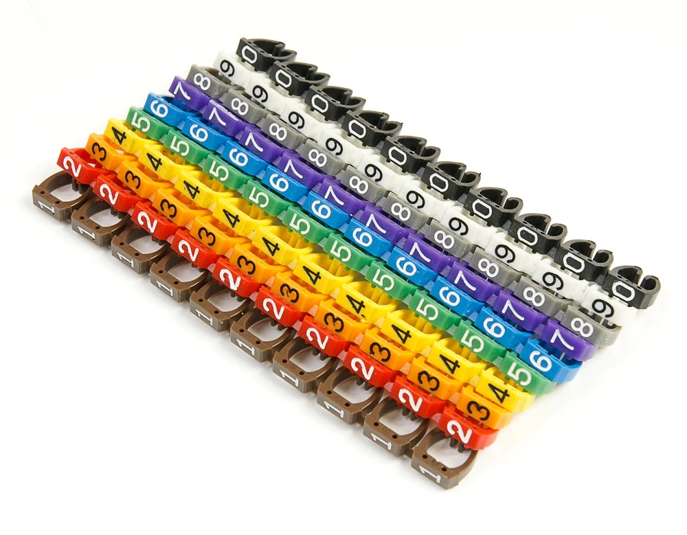 Маркеры (клипсы) на кабель, защелкивающиеся D 4-55мм, "0"-"9", 10 цветов (100 шт) Cabeus MR-55 (7433c)